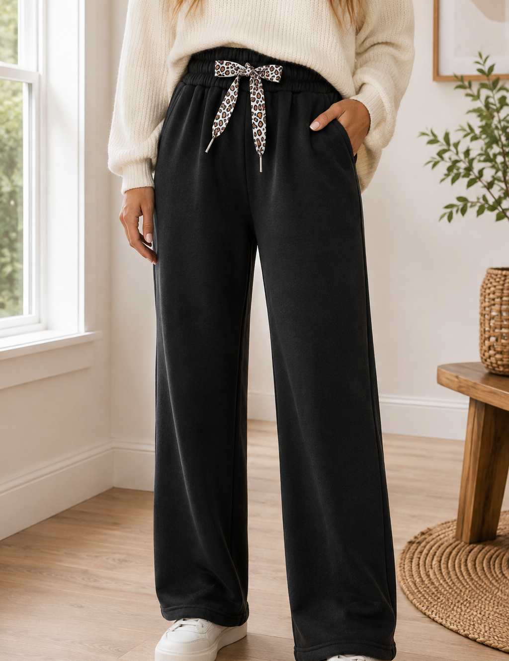 Fleece Leopard Drawstring Pants