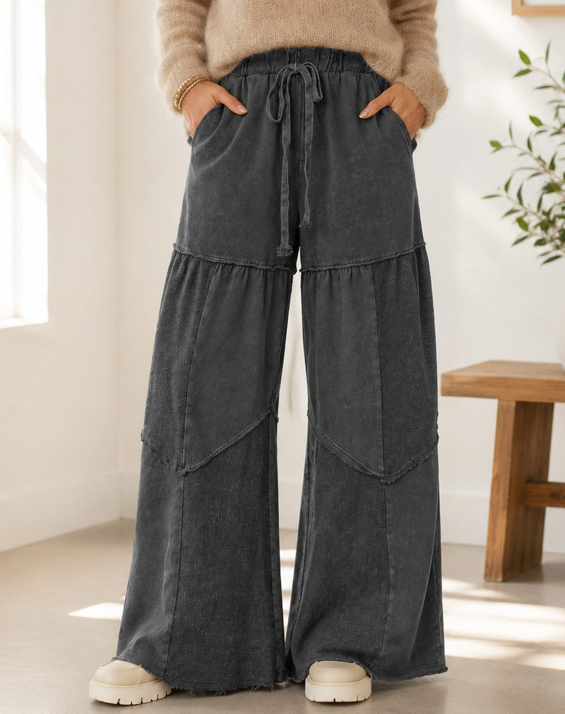 Black Mineral Wash Tiered Pants Full Run RTS