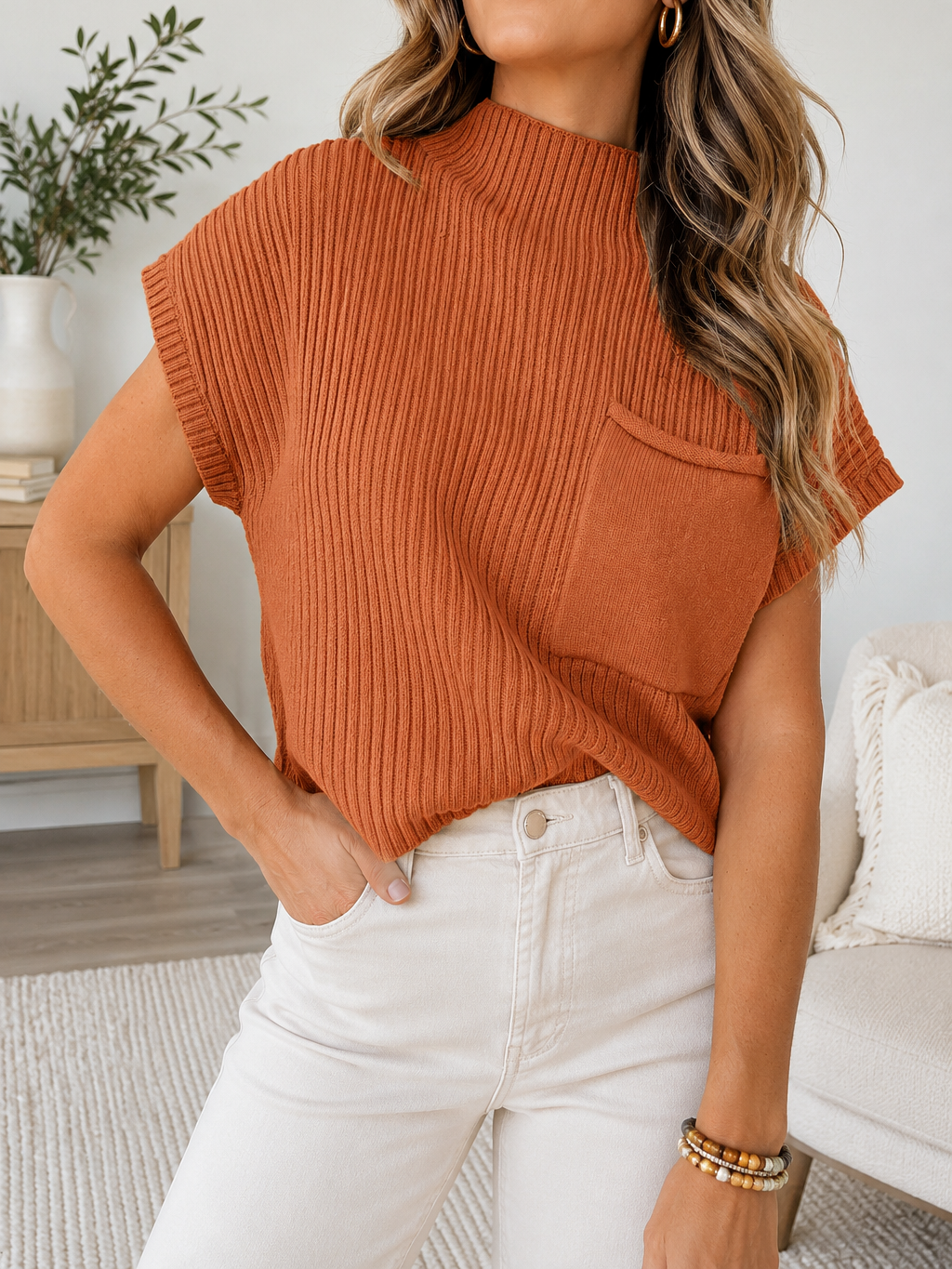 Ribbed Knit Pocket Sweater Full Run RTS