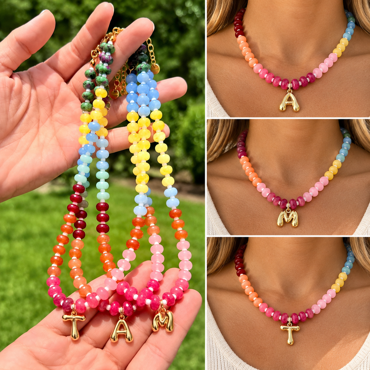 Multicolor Chain Beaded Initial Necklace RTS