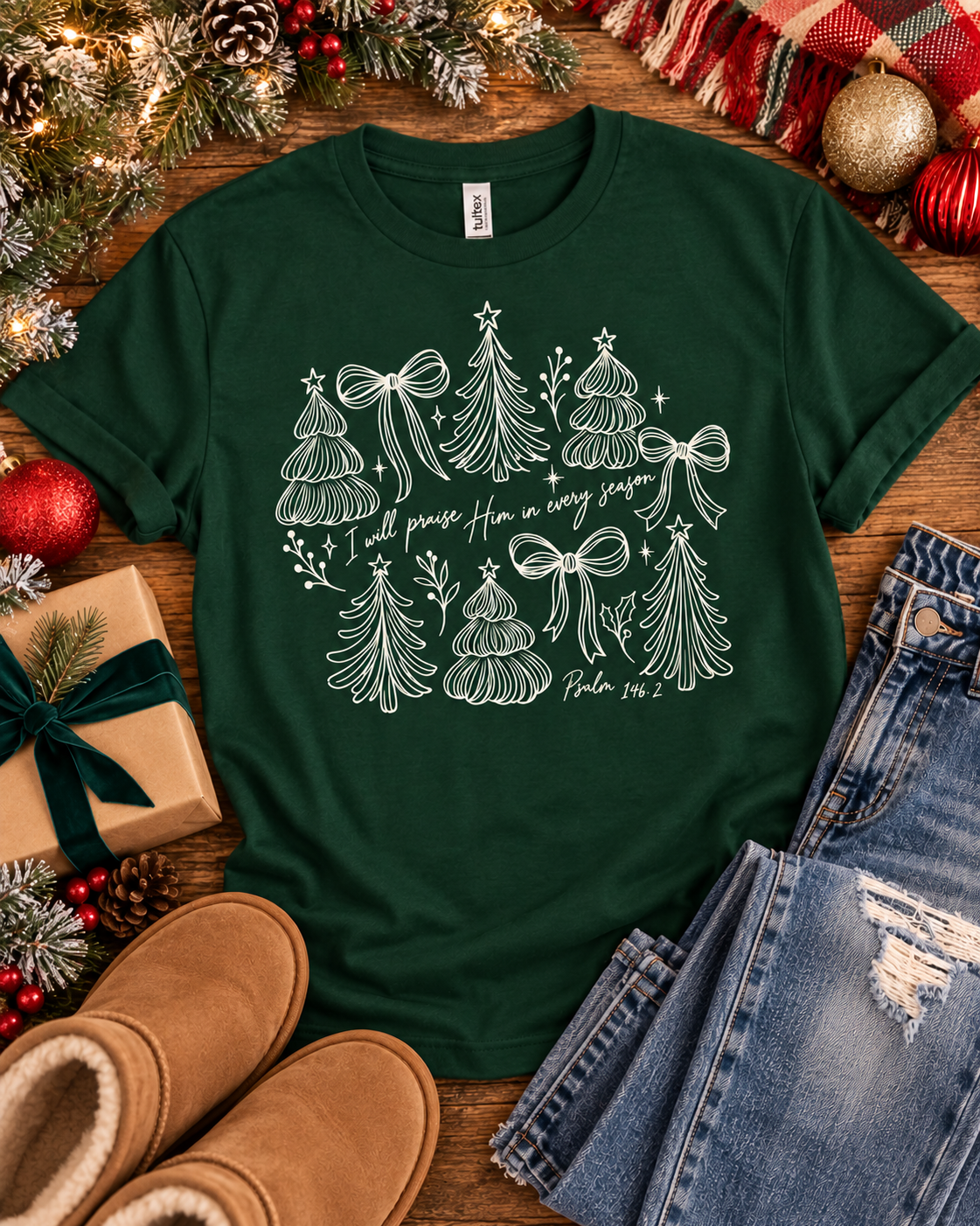 Tultex I Will Praise Him Trees And Bows Tee.