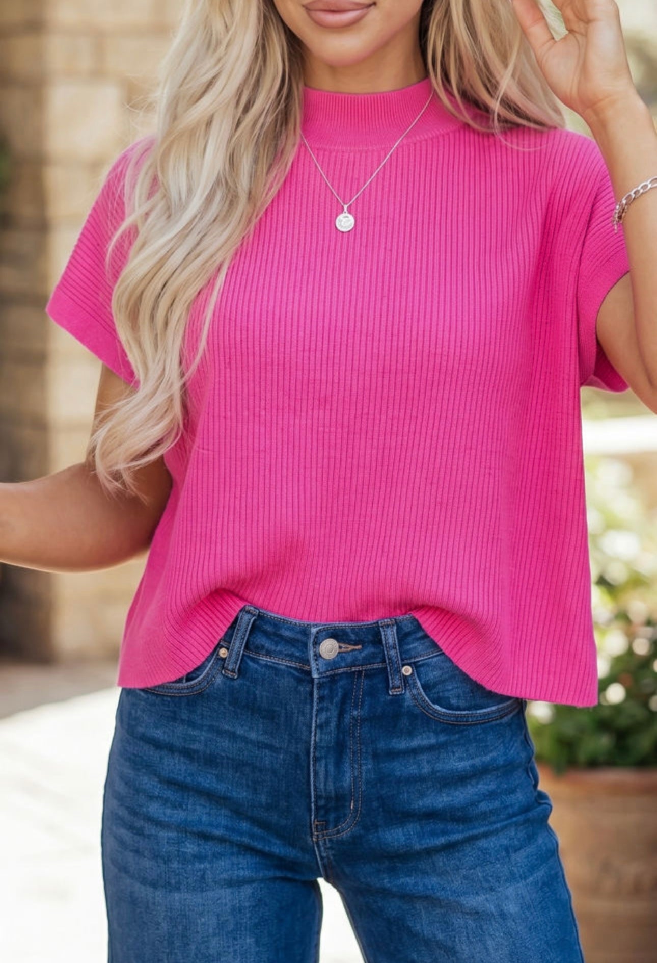 Pink Ribbed Mock Neck Sweater