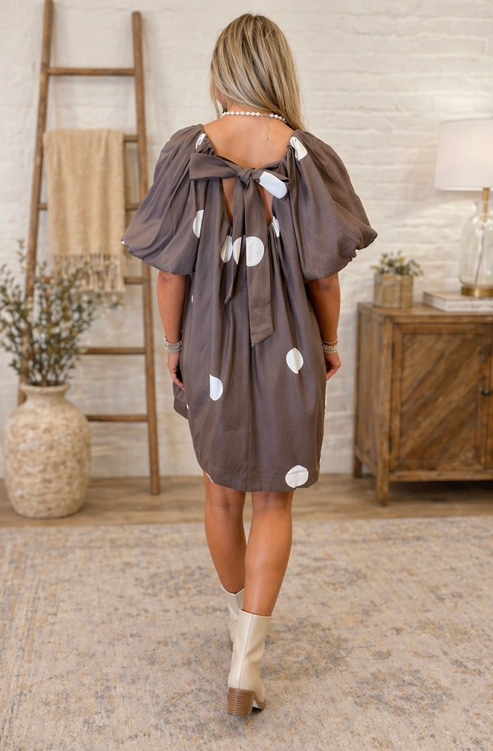 Brown Polka Dot Knot Back Mini Dress
