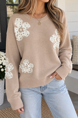 Gray Beaded Floral Sweater