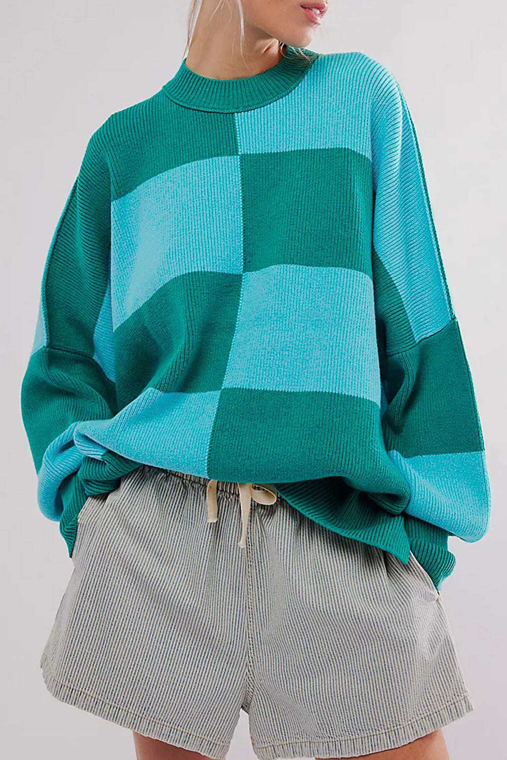 Green Checkered Side Slit Sweater