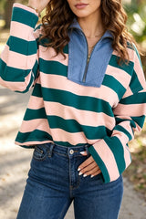 Green Stripe Quarter Zip Top