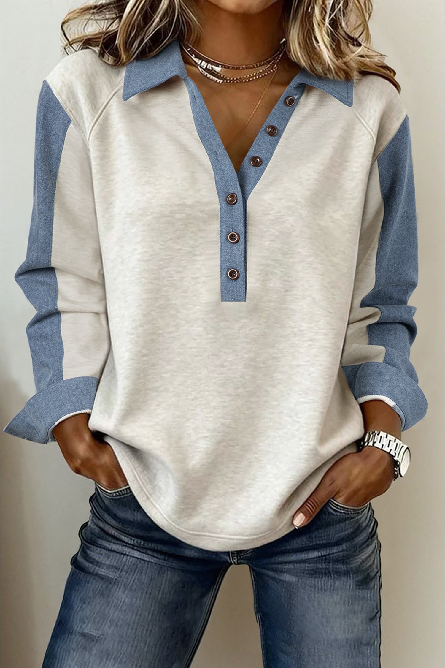 Grey Denim Buttoned Polo Top