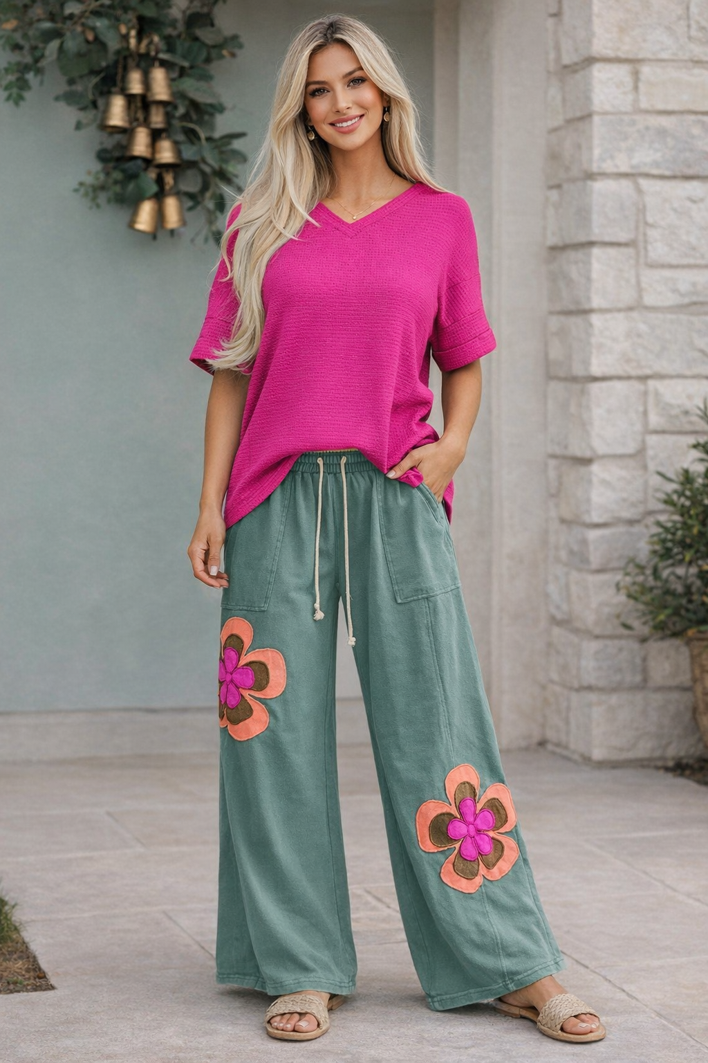 Flower Patchwork Drawstring Pants New RTS