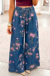 Retro Floral Tie Waist Wide Leg Jeans