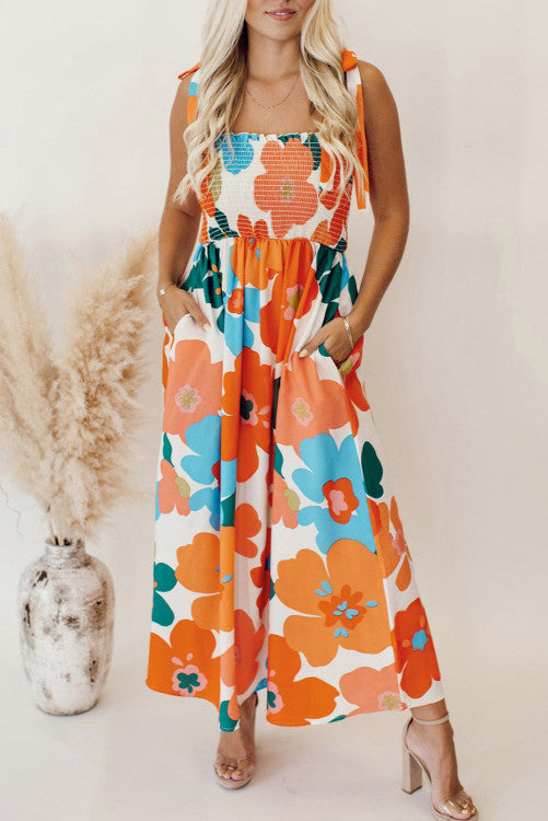 Orange floral self tied straps smocked bust maxi dress