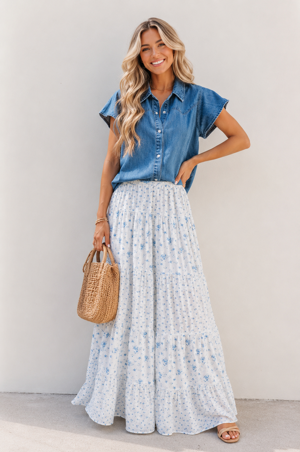 Blue Waist Floral Boho Skirt