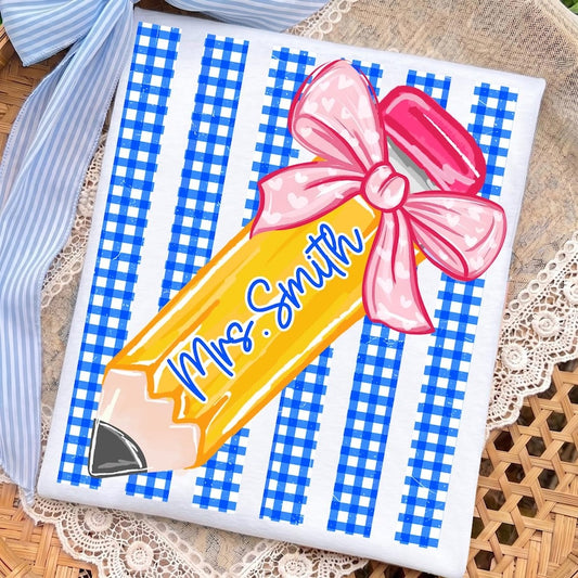 Custom Stripe Plaid Pencil Teacher Tee.