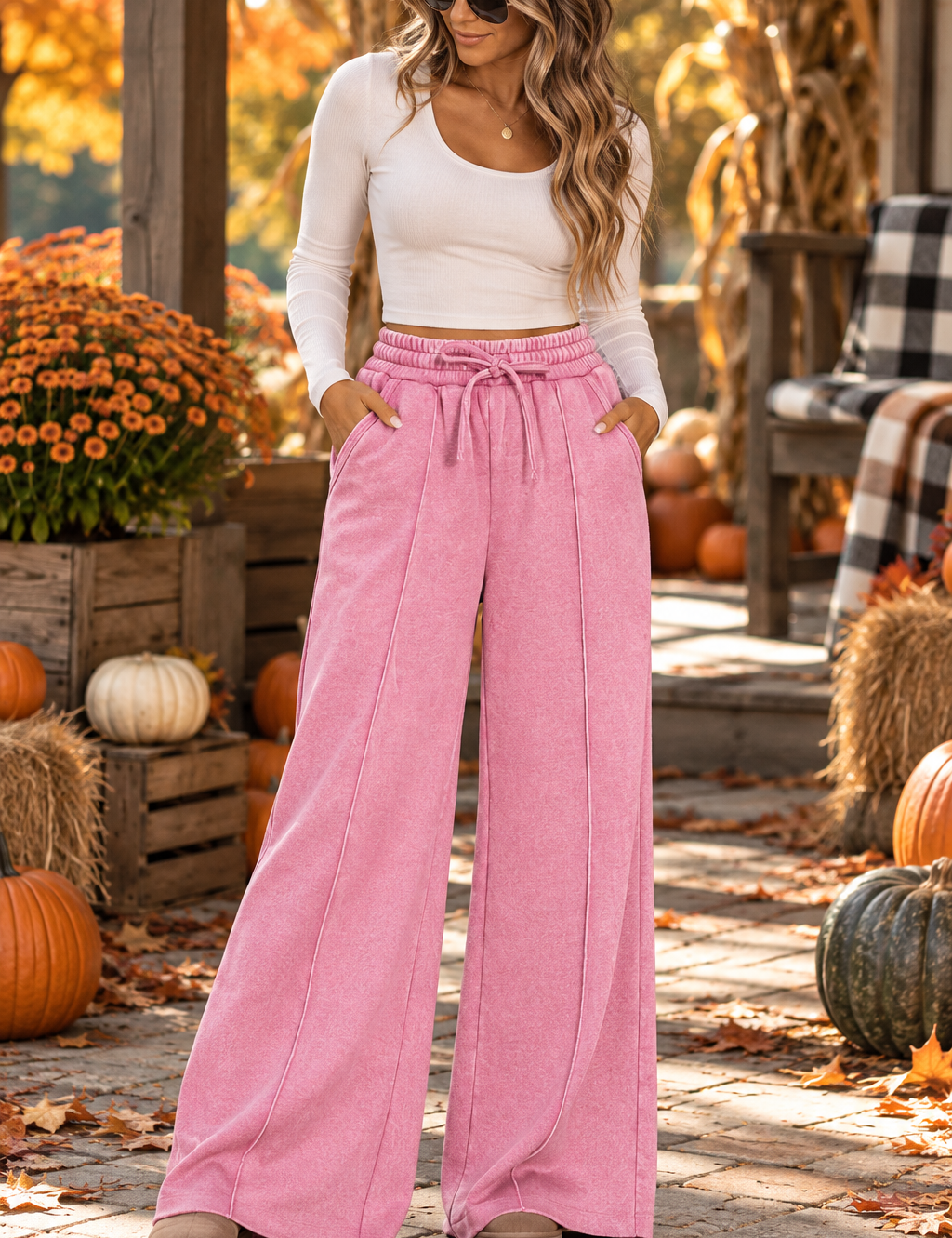 Acid Washed Fleece Pintuck Wide Leg Pants Zenana