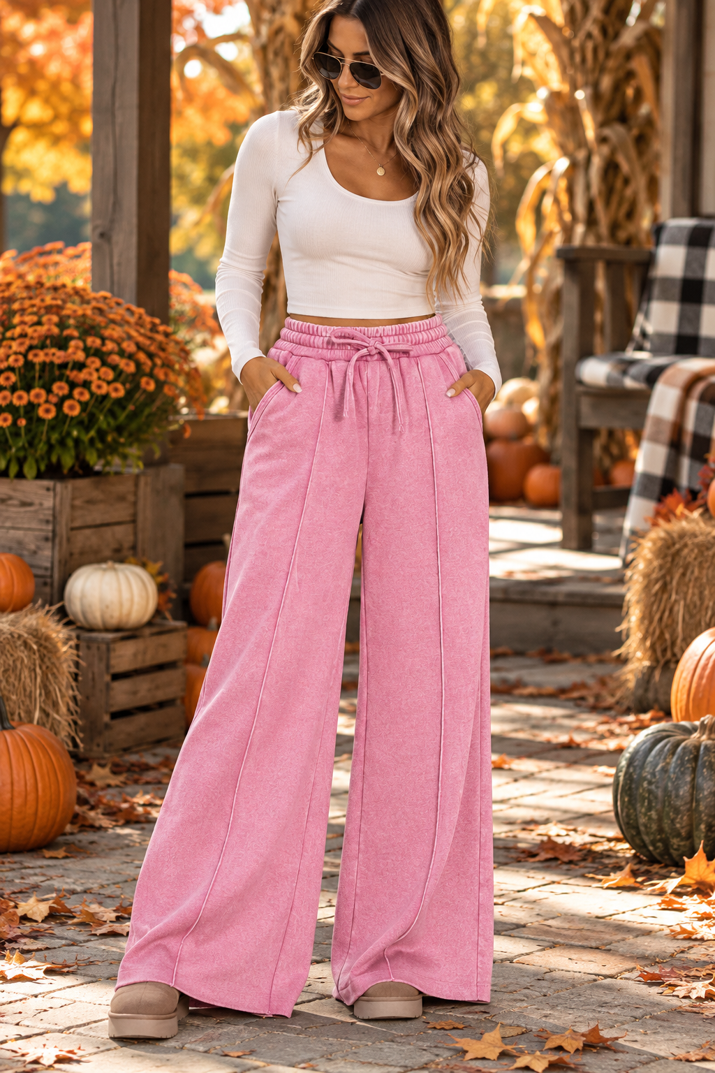 Acid Washed Fleece Pintuck Wide Leg Pants Zenana
