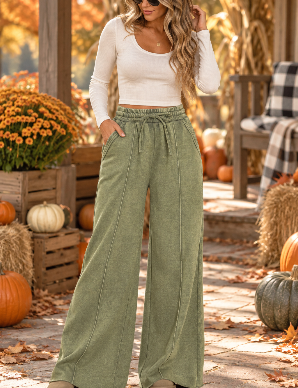 Acid Washed Fleece Pintuck Wide Leg Pants Zenana