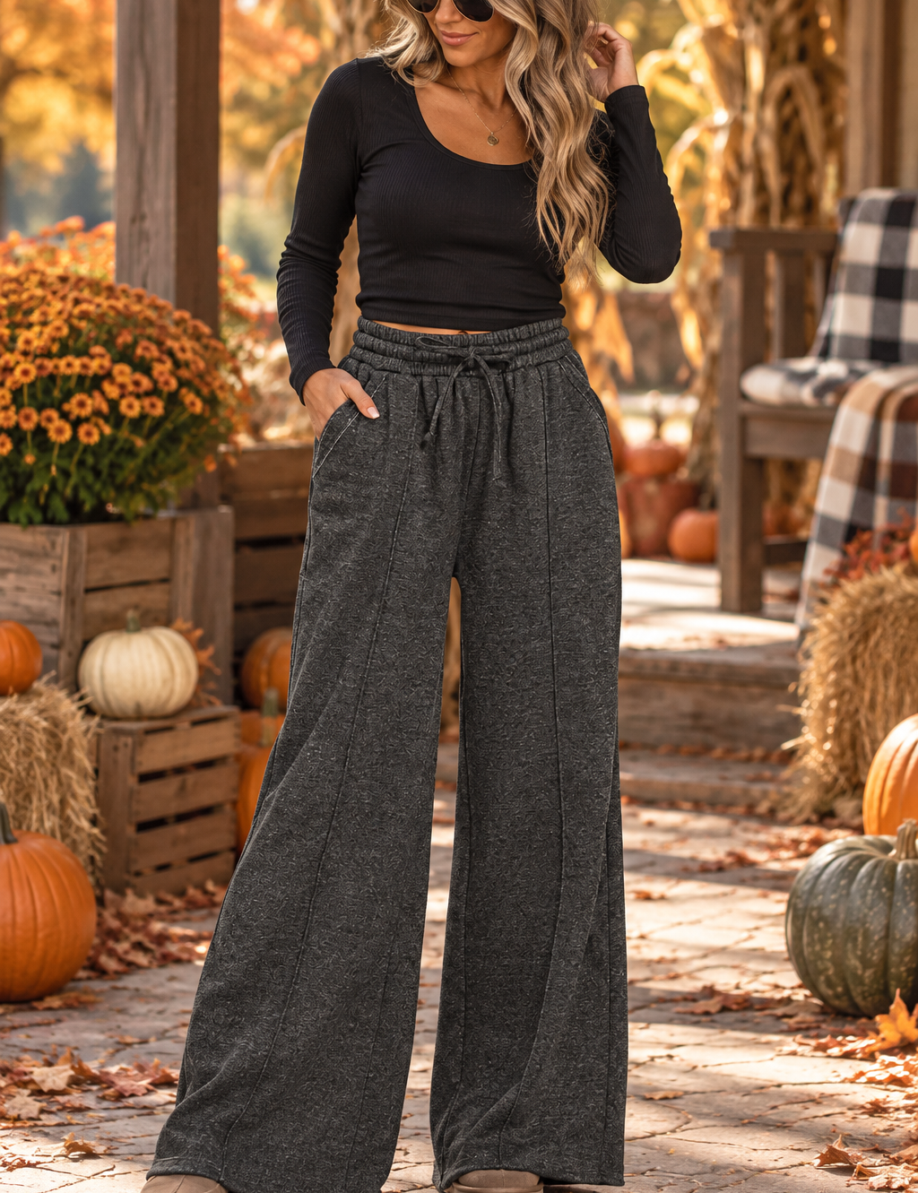 Acid Washed Fleece Pintuck Wide Leg Pants Zenana
