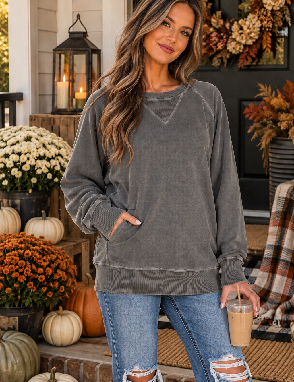 Pigment Dyed French Terry Pullover with Pockets Zenana