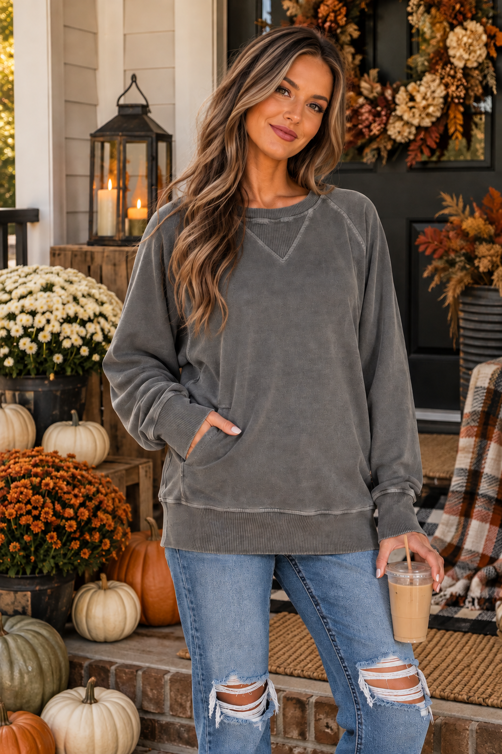 Pigment Dyed French Terry Pullover with Pockets Zenana