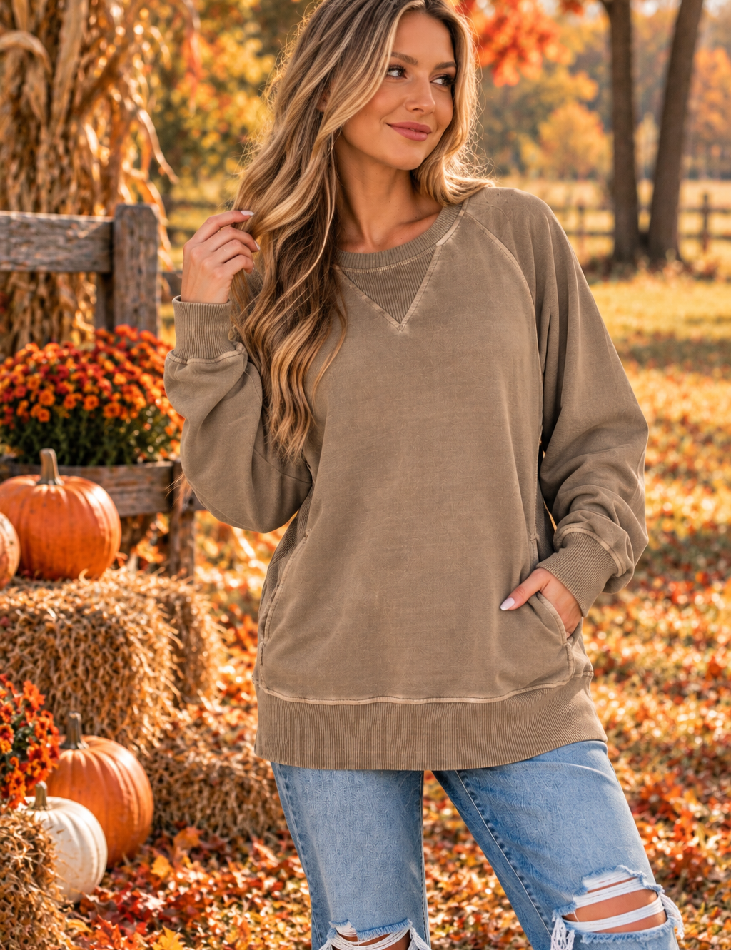 Pigment Dyed French Terry Pullover with Pockets Zenana
