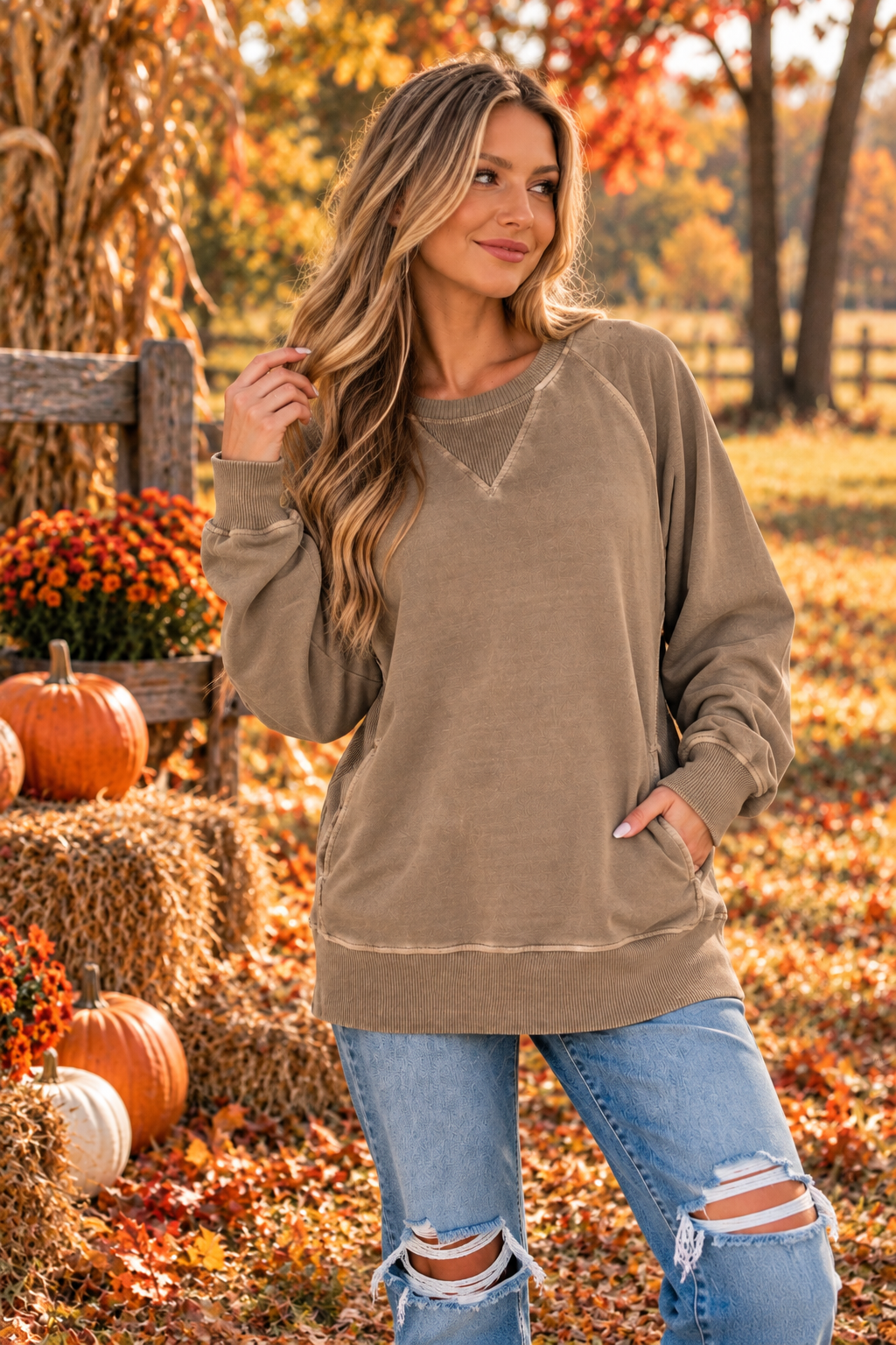 Pigment Dyed French Terry Pullover with Pockets Zenana