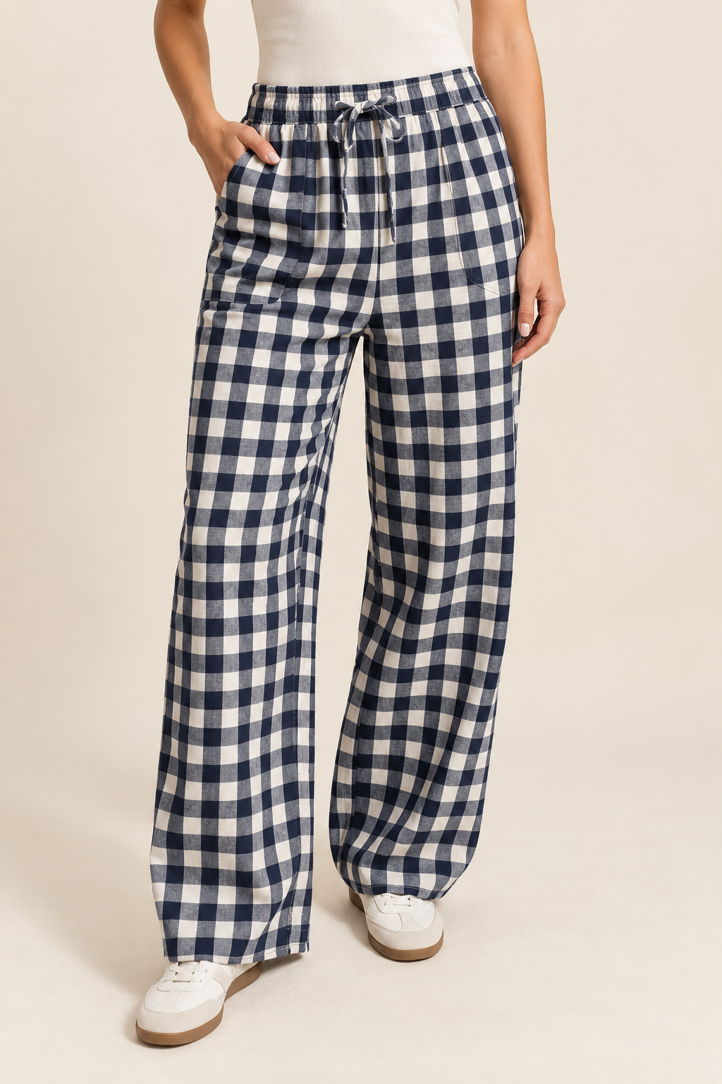 Blue Gingham Tie Waist Pants