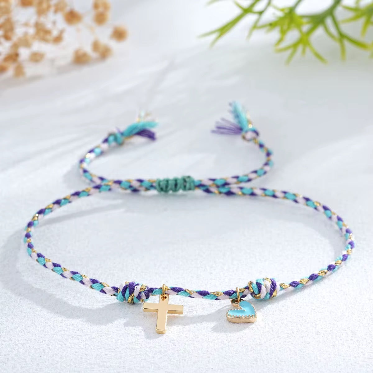 Woven Cross and Heart Charm Bracelet