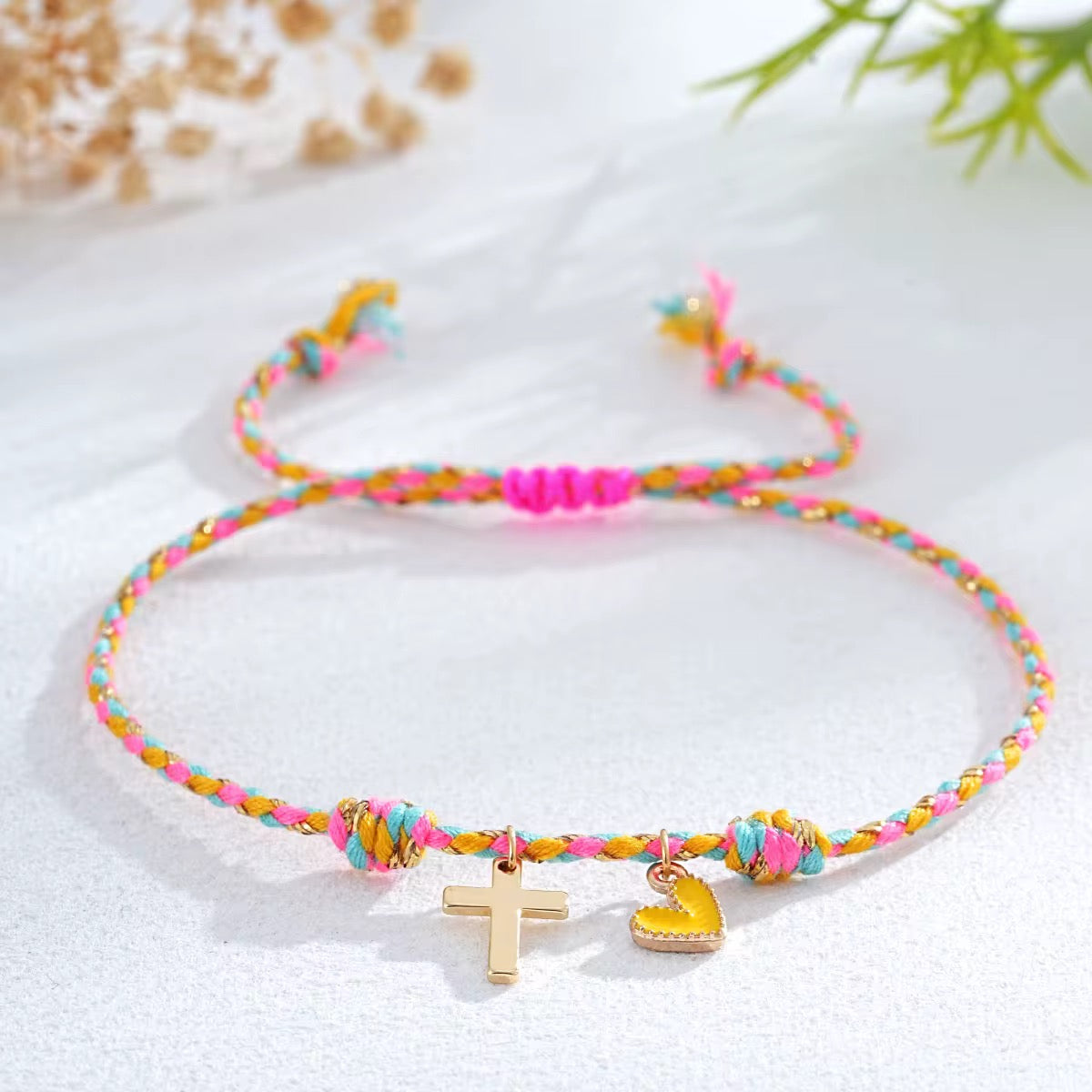 Woven Cross and Heart Charm Bracelet