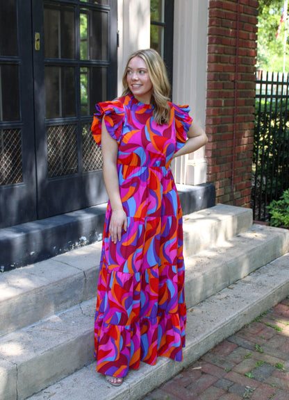 Abstract Flutter Sleeve Dress RTS