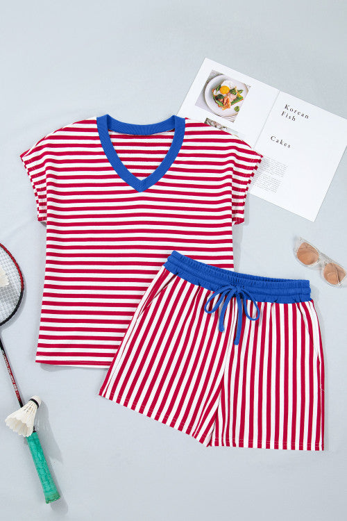 Red Stripe V Neck Shortie Set New RTS