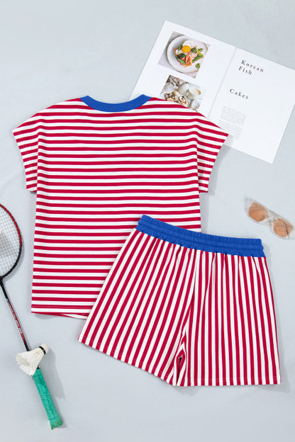 Red Stripe V Neck Shortie Set New RTS