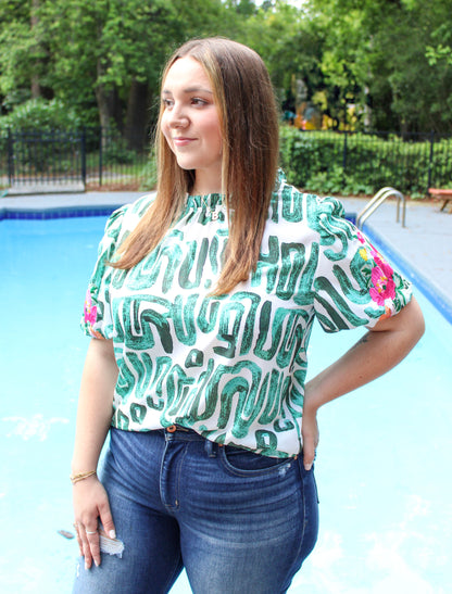 Green Pattered Ruffle Top RTS