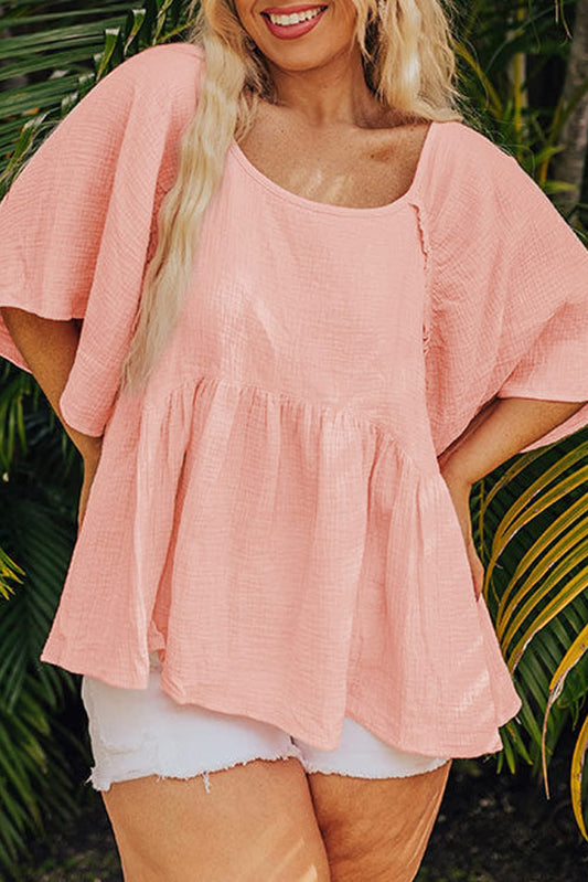 Apricot Pink Plus Size Textured Babydoll Blouse RTS