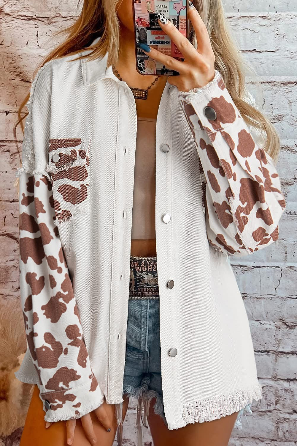 White Cow Spot Patchwork Distressed Denim Jacket