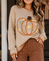 Floral Embroidered Pumpkin Sweater