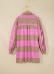 Rose Stripe Button Long Sleeve Dress