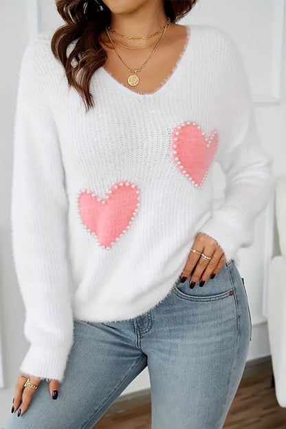 White with Pink Pearl Hearts Sweater RTS