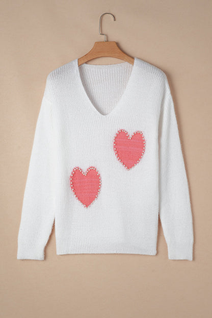 White with Pink Pearl Hearts Sweater RTS