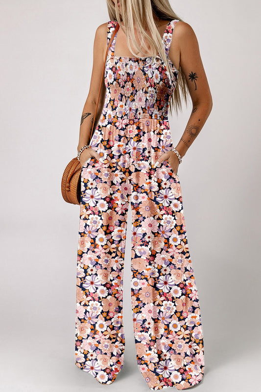 Black Floral Print Smocked Jumpsuit RTS