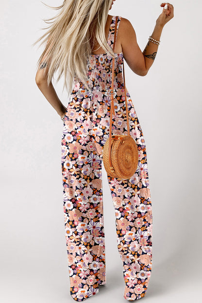 Black Floral Print Smocked Jumpsuit RTS