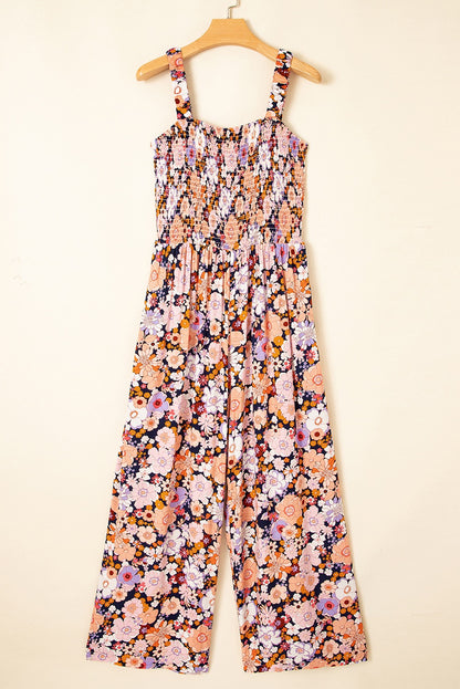 Black Floral Print Smocked Jumpsuit RTS