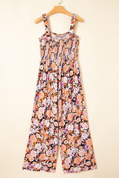 Black Floral Print Smocked Jumpsuit RTS