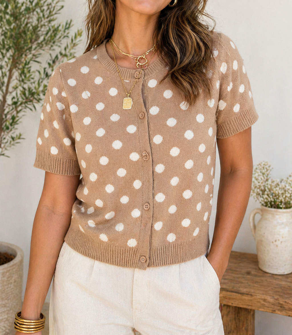 Khaki Polka Dot Button Cardigan Full Run RTS
