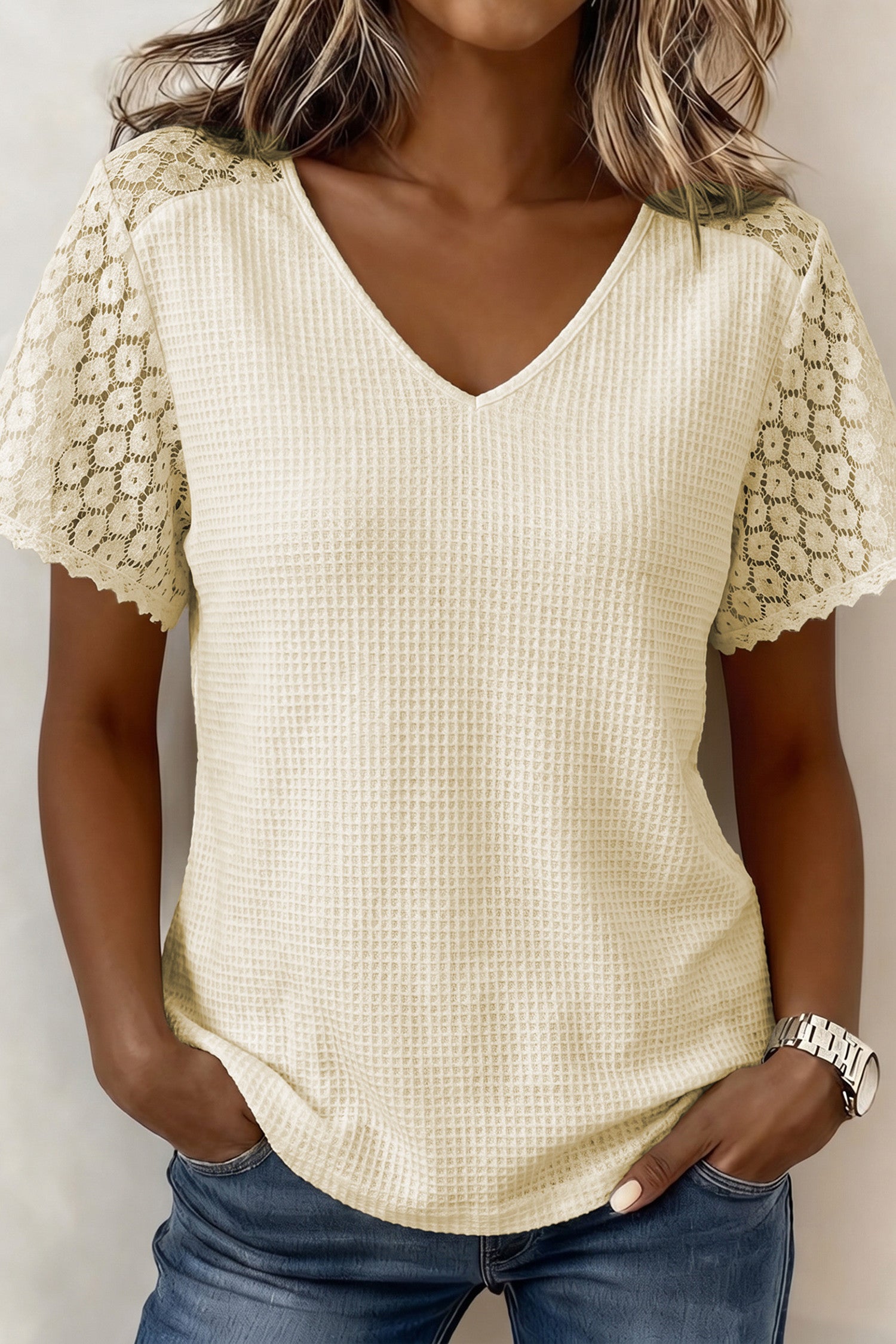 Lace Sleeve Waffle Knit Blouse RTS