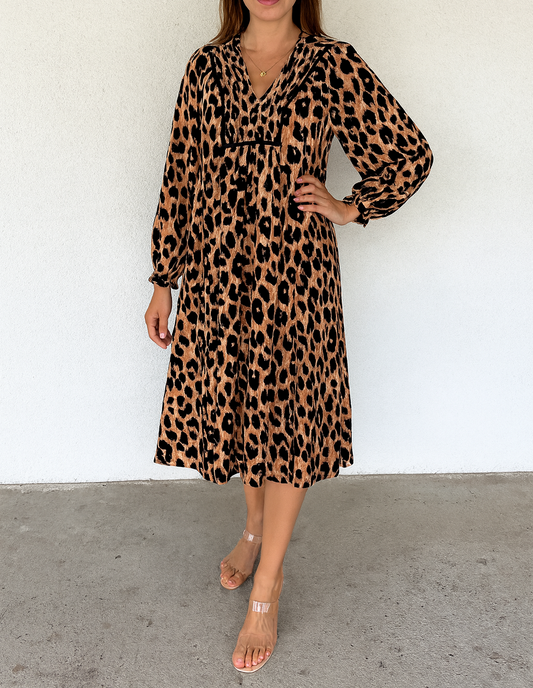 Leopard Smocked Midi Dress New RTS
