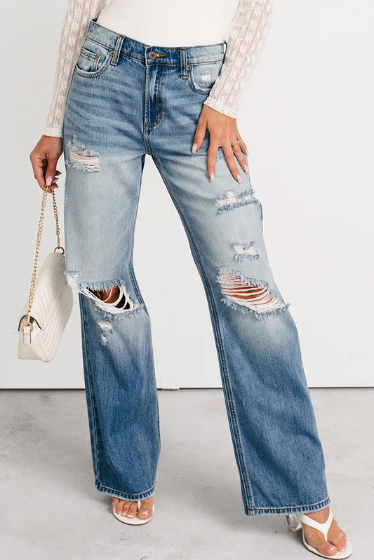 Mid Rise Distressed Straight Jeans New RTS
