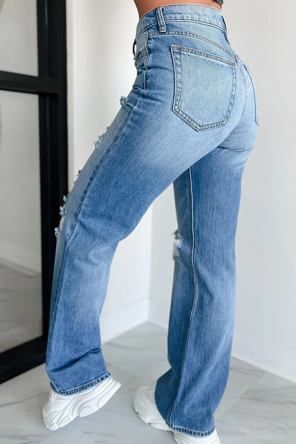 Mid Rise Distressed Straight Jeans