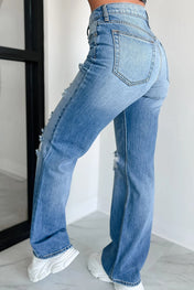 Mid Rise Distressed Straight Jeans