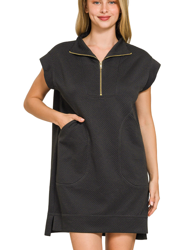 Textured Knit Quarter Zip Dress Zenana RTS