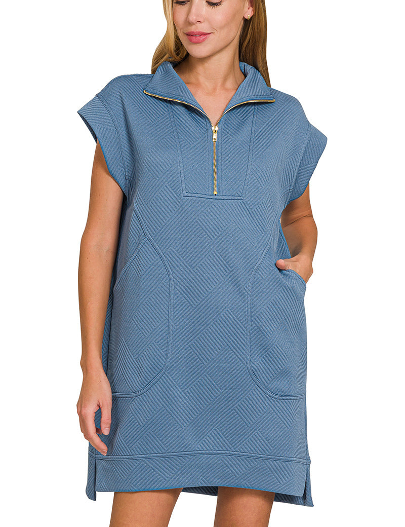 Textured Knit Quarter Zip Dress Zenana RTS