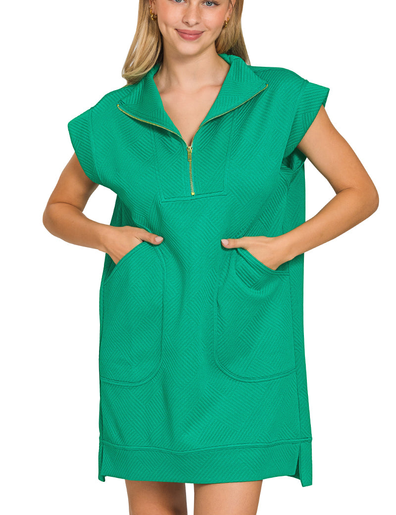 Textured Knit Quarter Zip Dress Zenana RTS